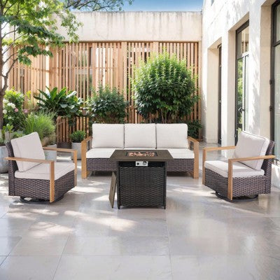Gymojoy 4/6PCS 50000 BTU Gas Firepit Table with Outdoor 3-Seat Sofa Swivel Chair Ottoman Set