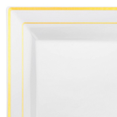 Smarty Had A Party 9.5" White w/ Gold Square Plastic Dinner Plates - 120 pcs