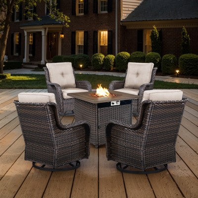 POCASSY Patio Furniture Set with 30" Propane Fire Pit Table, Patio Swivel Rocking Glider Chairs Set of 4 with PE Wicker and Square Firepit Table