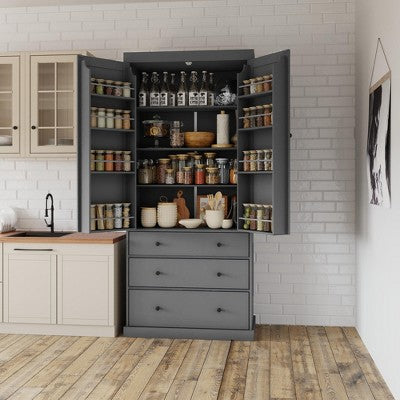 TIRAMISUBEST Farmhouse Kitchen Pantry, Freestanding Tall Cupboard Storage Cabinet with 3 Adjustable Shelves, 8 Door Shelves, 3 Drawers for Kitchen