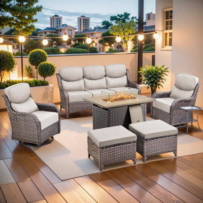 Gymojoy 7 Pieces Outdoor 6 Inch Sofa Swivel Chair Ottoman with Fire Pit Table