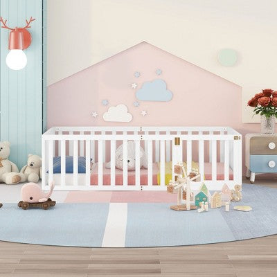 CAVINAS Twin/Full/Queen Size Kids Montessori Bed with Door,Versatile Floor Bed with Fence for Bedroom Playroom,Walnut/White/Gray/Brown