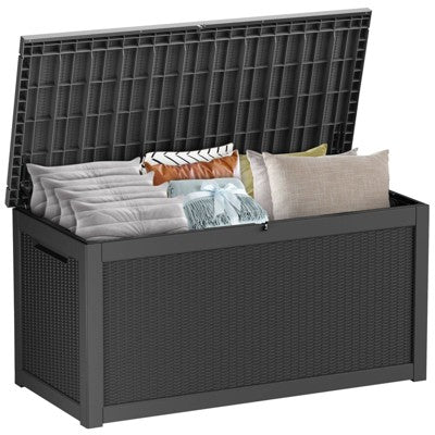 Kumasinova 260 Gal Rattan Patterned Outdoor Deck Box,Seats 2 People,Sturdy PP Resin Storage Box,All Weather Use,UV Protected&Waterproof,Black