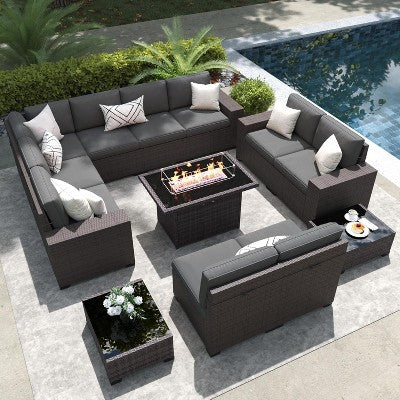 LayinSun 13 Pieces Outdoor Patio Furniture Set with 44" Fire Pit Table Rattan Sectional Sofa Conversation Sets