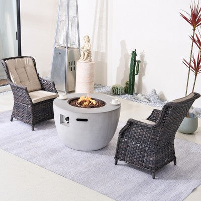 Moda Furnishings 3-Piece Wicker Aluminum Outdoor Fire Pit Set With Cushions