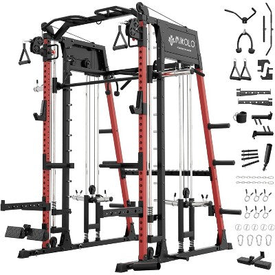ER KANG Smith Machine, 2200lbs Squat Rack with LAT-Pull Down System & Cable Crossover Machine, Training Equipment with Leg Hold-Down Attachment