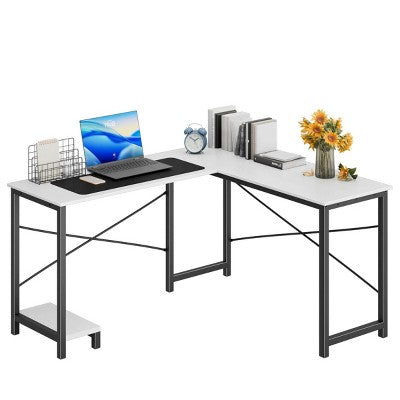 FONTOI Desks with Lower Storage Shelf, Spacious Surface, 49-Inch L Shaped Corner Gaming Desk with Side Bag for Home Office, White, 50"*39.37"*29.41"