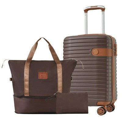 SEVOBAL 20 inch Luggage 3 Piece Carry On Set with Spinner Wheels TSA Lock Expandable Duffel Bag, Brown, 23.12"*15.11"*9.97"