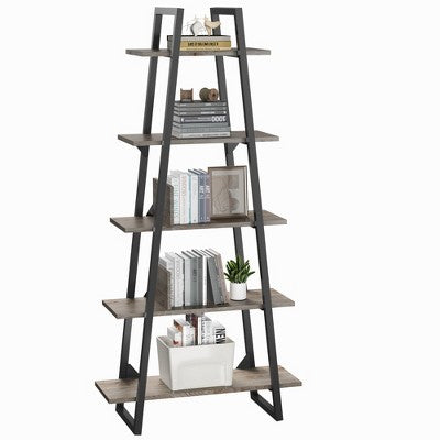 5-Tier A-Shaped Bookshelf, A-Shaped Bookcase Industrial Ladder Shelf Open Display Shelves with Metal Frame, Plant Stand Shelf Living Room, Office