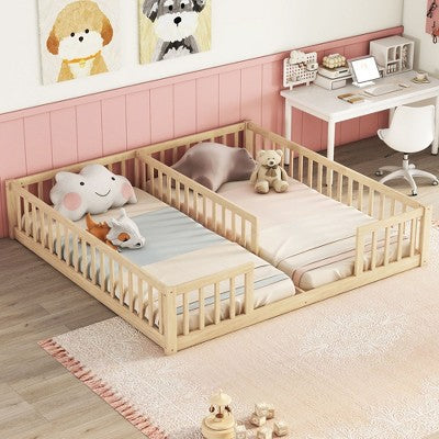 CAVINAS Double Twin Toddler Floor Bed with Fence,Built-In Double Bed Frame with Safety Guardrails for Girls & Boys,No Box Spring Needed,Natural