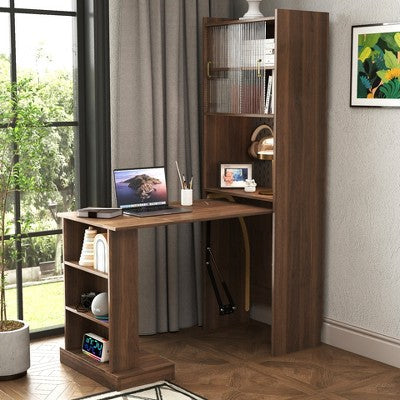 YOOCOZZ Space-Saving Folding Computer Desk with Storage for Home Office, Bedroom, Dorm, Apartment-Walnut