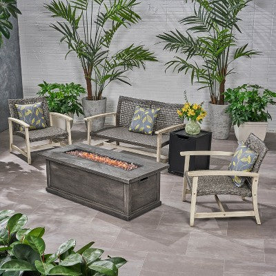 Christopher Knight Home Breakwater Outdoor Acacia Wood and Wicker 4 Seater Chat Set with 50,000BTU Fire Pit