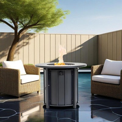 30" Propane Gas Fire Pit Table, 50,000 BTU Round Steel Fire Pit with Wood Grain Ceramic Tabletop for Patio, Deck, Garden, Backyard, Black-- Frevyn