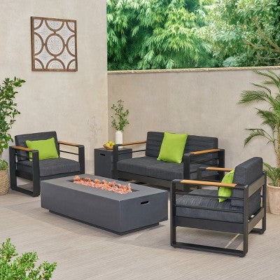 Christopher Knight Home Giovanna Outdoor Aluminum 4-Seater Chat Set with Lightweight Concrete Fire Pit, Black/Dark Gray
