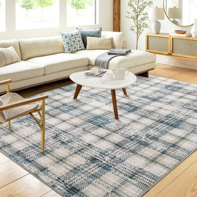 Machine Washable Indoor Modern Geometric Area Rugs Soft Low Pile Mat with Small Checkered Print