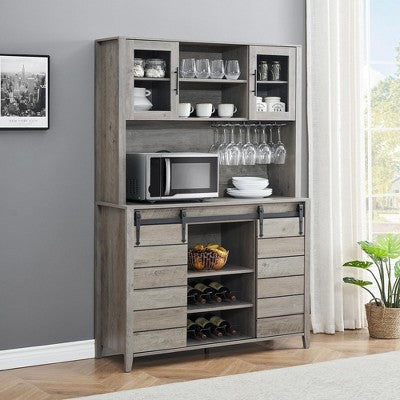 70'' Tall Coffee Bar Cabinet with Sliding Doors, Farmhouse Kitchen Hutch with Bottle Rack & Open Shelves, Buffet Cabinet for Dining Room, Kitchen