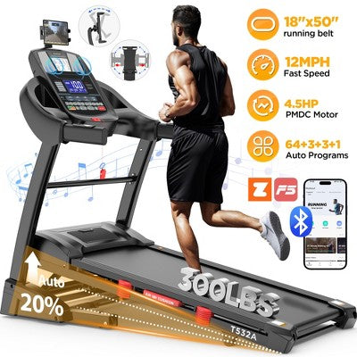 Folding Treadmill for Home with 15 Levels Auto Incline,4.5HP Portable Treadmill 300 lbs with 64 Programs,10MPH,APP, Bluetooth, Shock Absorption Deck