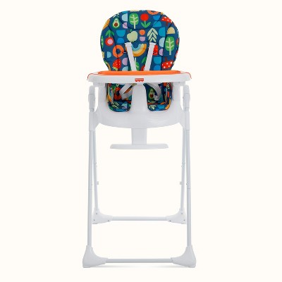 Fisher Price Tiny Bites highchair one-click fold, 7 heights, 2 reclines, removable dishwasher-safe tray, lightweight and space-saving.