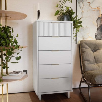 GDFStudio Jackie 24" Modern 5-Drawer Solid Wood Tall Narrow Dresser with Ribbed Detailing