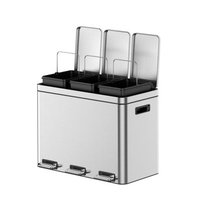 Orieon 3-Compartment 12-Gallon Stainless Steel Trash Can, Step-On Recycling Bin with Soft-Close Lids, Slim Fingerprint-Proof Design.