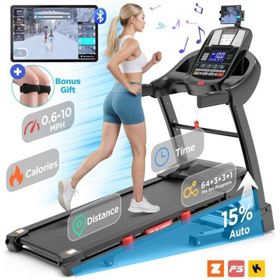 Folding Treadmill with Auto Incline – 4.75HP Motor, 15% Incline, Heart Rate Monitor, Bluetooth Speakers, 300 lb Capacity