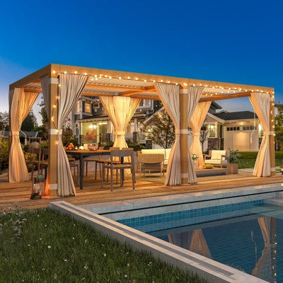 EROMMY 10x20ft Louvered Pergola with Adjustable Rainproof Roof, Wood Grain Outdoor Aluminum Pergola for Patio, Lawn & Garden