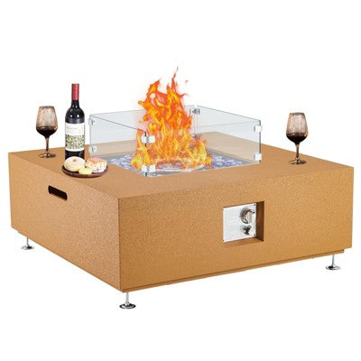 Rectangular Propane Fire Pit Table, Certified,50,000 BTU Outdoor Fireplace with Wind Guard Glass, Lid £¦ Waterproof Cover for Backyard,Garden
