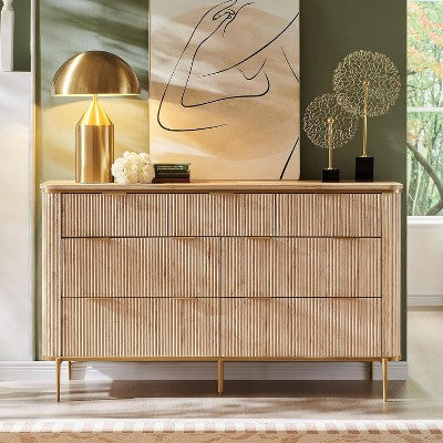 SinCiDo Fluted 7 Drawer Modern Dresser, 54" Wide Dresser TV Stand with Gold Accents, Wood Storage Organizer for Bedroom, Living Room