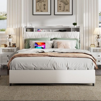 Okak Platform Bed Frame with Upholstered Storage Shelf Bed with Outlets Charger Metal Frame No Box Spring Needed Noise-Free