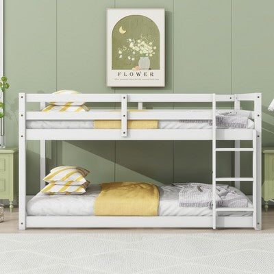MATEERTY Solid Wooden, Twin Floor Bunk Bed wit Ladder, Upper and Bottom Bed Platforms Crafted with Stregthened Slats White