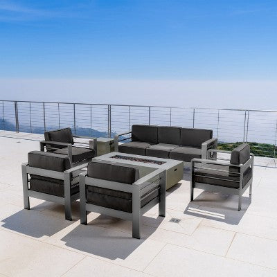 Christopher Knight Home Cape Coral Outdoor Aluminum 7 Seater Sofa Chat Set with Fire Pit
