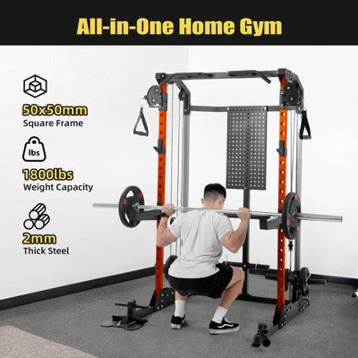 Home Gym Power Cage Squat Rack¨C2000LBS Capacity with Dual Pulleys for Cable Crossover,LAT Pulldown & Leg Workouts¨COrange Complete Training Station