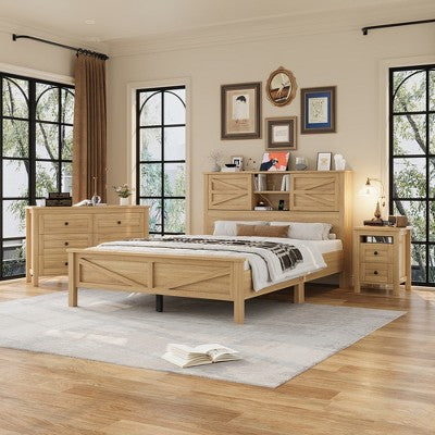 Whisen 3-Pieces Bedroom Sets, Full Size Farmhouse Platform Bed Frame with Storage Headboard, Storage Nightstand and Dresser