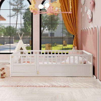 CAVINAS Full Size Wood Montessori Bed,Modern Integral Constructed Floor Bed with Super High Security Barrier and Door,Toddler Bed for Bedroom
