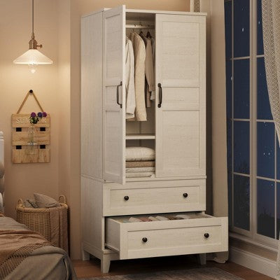 GustoWave Armoire Wardrobe Closet with 2 Drawers,72" Wooden Wardrobe Cabinet with Hanging Rod, Tall Clothing Armoire Cabinet and Adjustable Shelves