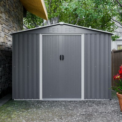 Gulches 8x6 FT Outdoor Tool Storage Shed with Metal Foundation & Lockable Doors, All Weather Metal Sheds for Garden, Patio, Backyard, Lawn, Gray