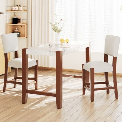 3/5-Piece Counter Height Dining Table Set, Faux Marble Table & Upholstered Chairs with Rubber Wood Legs, Brown - ModernLuxe