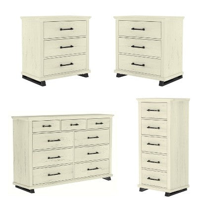 Festivo 4pc Contemporary Bedroom Chest and Dresser and Nightstand Set Saw Cut Off-White: Modern Design, MDF, Metal Base
