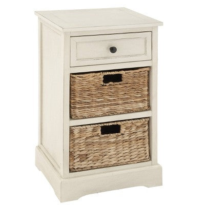 Farmhouse Wood and Wicker Basket Side Table White - Olivia & May: Storage Unit with 3 Drawers