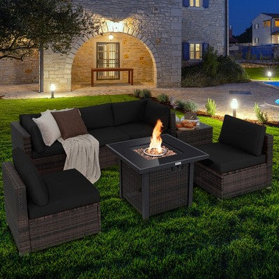 Costway 7PCS Patio Rattan Furniture Set Fire Pit Table Cover Glass Top Cushion Off White\Black\Navy\Red\Turquoise