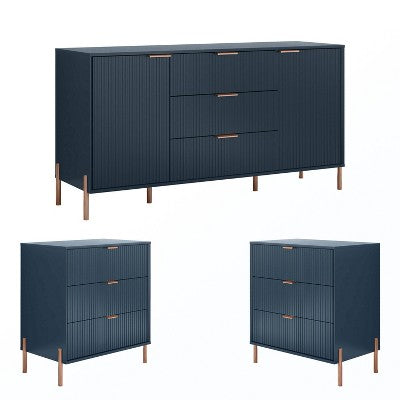 Festivo 3pc Modern Elegance 3 Drawer Nightstands and 3 Drawer Dresser Set Navy
