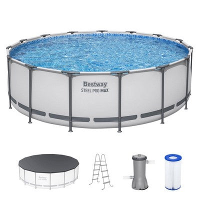 Bestway Steel Pro 15’ x 48" Round Steel Above Ground Outdoor Swimming Pool Metal Frame for Backyards, Blue
