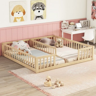CAVINAS Full Size Wood Tent Montessori Bed,Modern Floor Bed with Triangle Structure and X-Shaped Safety Railings,Toddler Bed for Bedroom