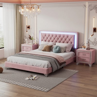 3 PCS Bedroom Sets, Queen Size Upholstered Platform Bed with Two Nightstands-ModernLuxe
