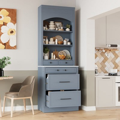 83.7"H Kitchen Pantry, Freestanding Kitchen Hutch with Faux Marble Top, Cupboard Cabinet with 5 Drawers and Adjustable Shelf - ModernLuxe