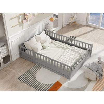 CAVINAS Twin/Full Size Floor Bed,Toddler Floor Bed with High Security Barrier,Door,Montessori Bed for Kids,Wood Slats Support
