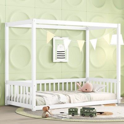 CAVINAS Twin/Full Size Kids Montessori Bed with Canopy Frame,Floor Bed with Guardrails Design,Toddler bed for Bedroom Playroom,Gray/White/Brown