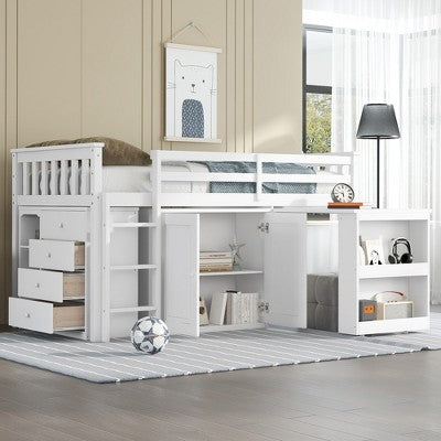 GDFStudio Rae 4 Piece Rubber Wood Twin Loft Bedroom Furniture Set with Pulling-Out Desk, Drawer and Shelf Cabinet