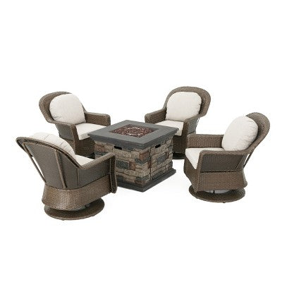 Christopher Knight Home Alhambra Outdoor Wicker 5 Piece Swivel Club Chair and Fire Pit Set