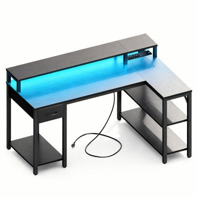 FONTOI Desks with Multi Open Shelves and Storage Drawer, 47-Inch L-Shaped Corner Computer Desk for Office Workstation, Black, 47.24"*31.5"*33.86"